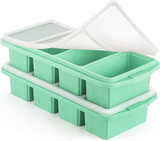 Silicone Freezer Tray With Lid - Silicone Freezer Food Molds- Large Ice Cube Tray,Silicone Freezer Container,Freeze & Store Soup, Sauce, Broth,Leftovers - Makes 4 Perfect 1 Cup