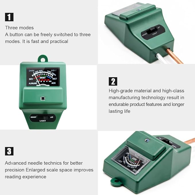 SONKIR Soil pH Meter, MS02 3-in-1 Soil Moisture/Light/pH Tester Gardening Tool Kits for Plant Care, Great for Garden, Lawn, Farm, Indoor & Outdoor Use (Green)