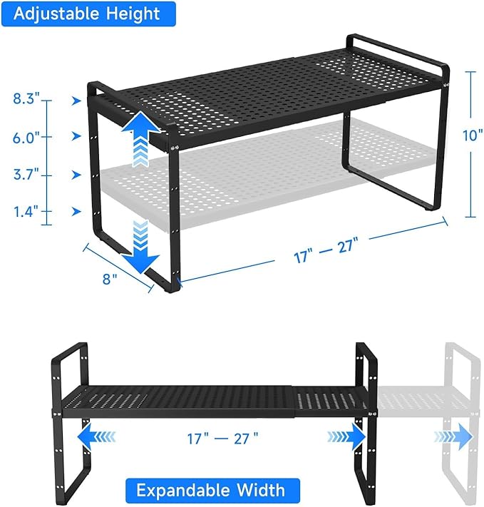 Expandable Kitchen Shelf Organizers, Kitchen Cabinet Organizer Stand Rack Organization for Countertop Cupborad Pantry, Black 1 Pack