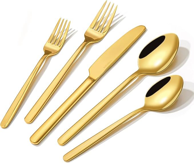 KINGSTONE Gold Silverware Set, 60 Piece Flatware Cutlery Set for 12, 18/10 Stainless Steel Silverware Mirror Polished Dishwasher Safe for Home, Restaurant, Wedding, Party(Gold, 60 pieces for 12)