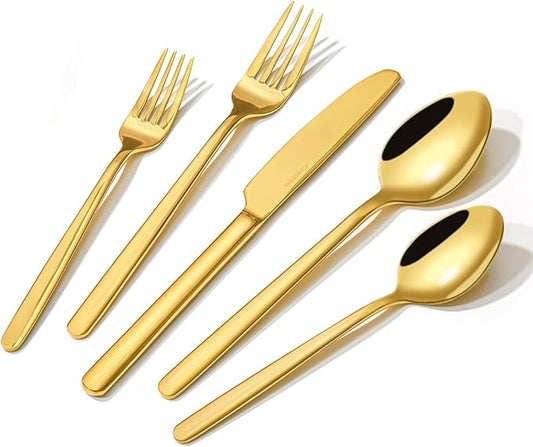 KINGSTONE Gold Silverware Set, 60 Piece Flatware Cutlery Set for 12, 18/10 Stainless Steel Silverware Mirror Polished Dishwasher Safe for Home, Restaurant, Wedding, Party(Gold, 60 pieces for 12)