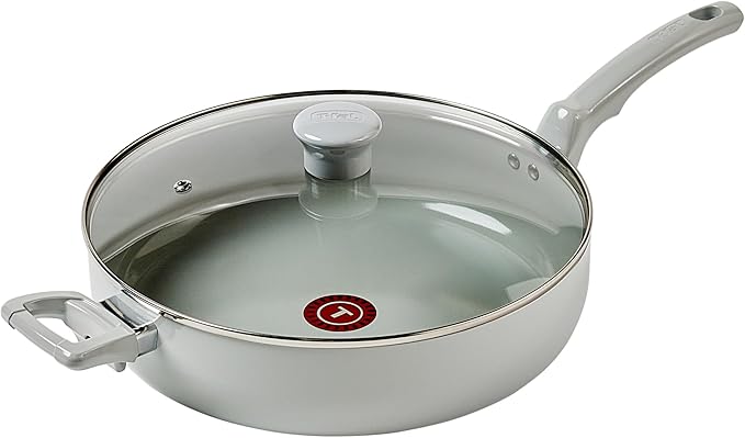 T-fal Refresh Ceramic Nonstick Saute Frying Pan with Lid 5 Qt, Oven Safe to 350°F Cookware, Stay-Cool Handle Skillet, Ceramic Pots and Pans, Moon Grey