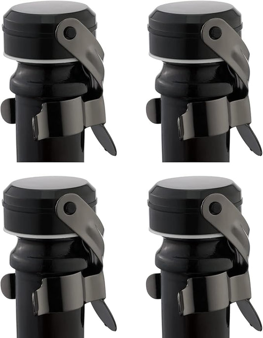 WOTOR Champagne&Wine Bottle Stoppers Stainless Steel with Food Grade Silicone, Leak Proof Keep Fresh Reusable Saver, Cork Suitable for Wine, Champagne, Cava, Prosecco and Sparkling (4 Pack Black）