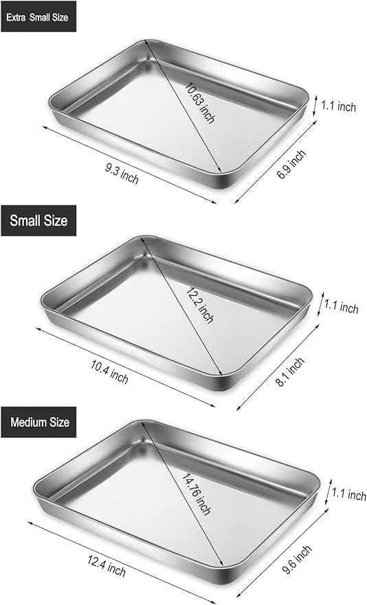 Extra Small Baking Sheet Pans Stainless Steel 304 Tiny Little Serving Tray 9.3 x 6.9 x1.1Inch (Diagonal 10.63) Dishwasher Safe No Rust Reheat Food for 1~2 Person 6 Pack