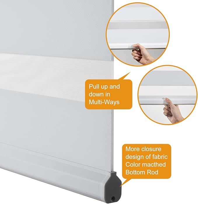 Persilux Cordless Zebra Blinds for Windows Free-Stop Roller Shades (30" W X 64" H, White) Dual Layer Light Cintrol for Day and Night, Light Filtering Sheer Shades for Home, Easy to Install