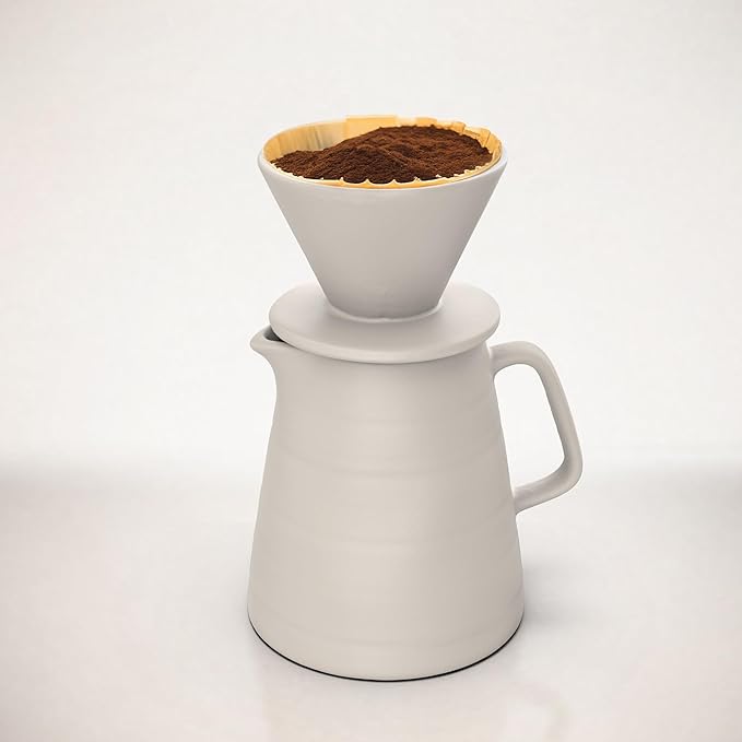 Francois et Mimi Pour Over Drip Coffee Maker Gift Set with Two Coffee Mugs, Non-Electric Pour Over Coffee Dripper, Easy Manual Brew Maker, Dishwasher and Microwave Safe, Filters not included (Ivory)