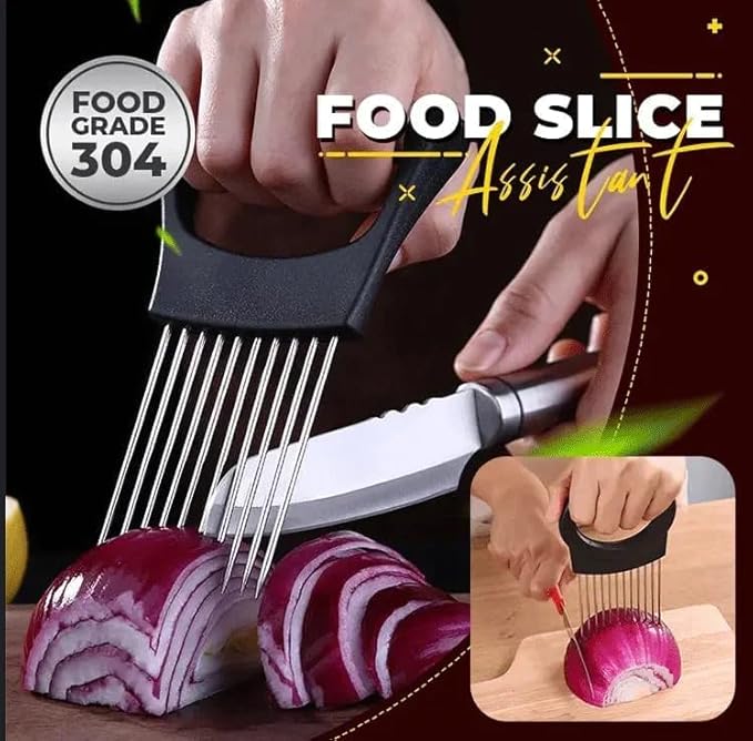 Onion Slice Holder - 2024 New Stainless Steel Slicing Assistant Tool for Onion, Meat, Potato, Tomato - Kitchen Gadget Chopper Cutter (Grey, 1 Pack)