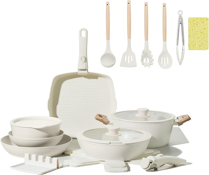 23pcs Ceramic Pots and Pans Set, Nonstick Detachable Handle Cookware, Induction Kitchen Cooking Set with Removable Handle,include Frying Pans & Saucepans Oven Safe, Induction, Stackable Set