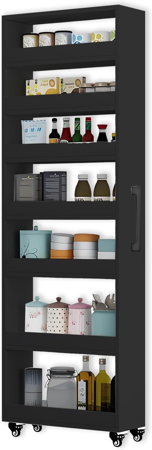 7-Tier Slim Storage Cart, Wooden Rolling Pantry Cabinet with Wheels, Narrow Shelf Organizer for Kitchen, Bakers Rack, Dining Room, Closet, Small Spaces Dark Walnut 73.2‘’H*5.9''W*19.6''D