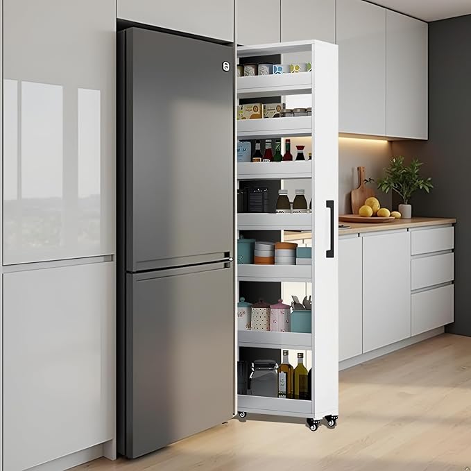 7-Tier Slim Storage Cart, Wooden Rolling Pantry Cabinet with Wheels, Narrow Shelf Organizer for Kitchen, Bakers Rack, Dining Room, Closet, Small Spaces Dark Walnut 47.2" H*5.9" W*23.6" D
