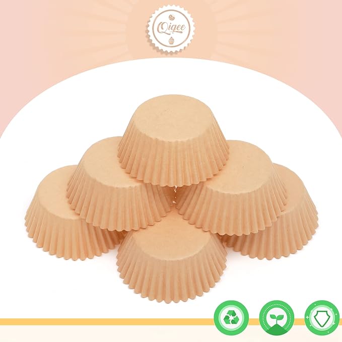 qiqee 600 Count Mini Cupcake Liners Natural Muffin Liners Food Grade Brown Baking Cups Paper No Smells（Small Size）
