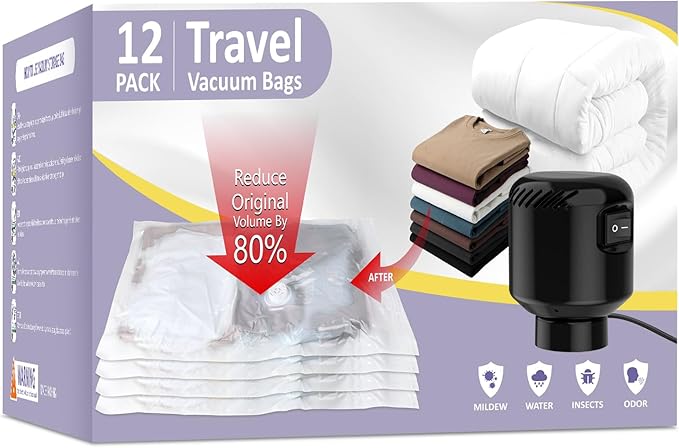 12 Pack Vacuum Storage Bags, Space Saver Bags, for Comforters and Blankets, Plush Toy, Vacuum Seal Bags for Clothing (3 Jumbo/3 Large/3 Medium/3 Small) Vacuum Bags with Pump Electric