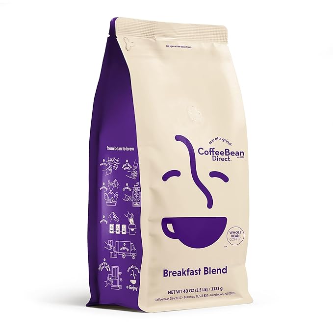 Coffee Bean Direct Breakfast Blend, Whole Bean Coffee, Mild and Mellow, Mixed Roast, 2.5 Pound Bag (Pack of 1)