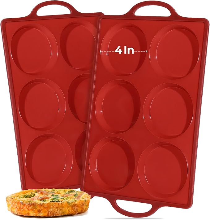 CAKETIME Silicone Muffin Top Pan with Metal Frame, 4 Inch Non Stick Round Egg Baking Pan for Oven English Muffins, Whoopie Pies, Corn Bread, Egg Bites, Breakfast Sandwiches Tarts 2 Pack Brown