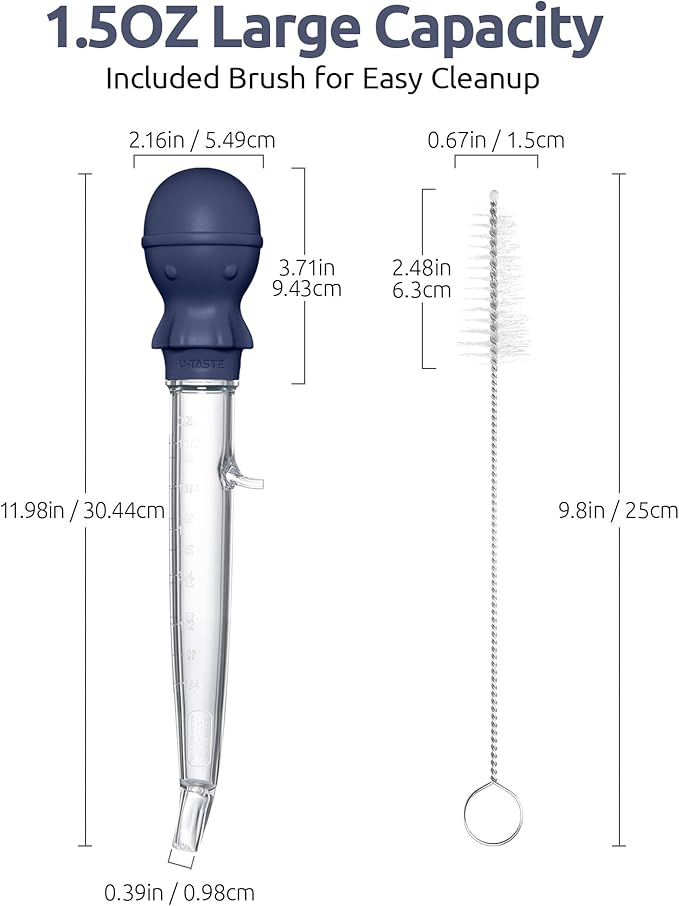 U-Taste 1.5oz Angled Turkey Baster - 228.2ºF Heat Resistant Food Grade Tritan and Silicone Large Octopus Bulb Baster Set with Cleaning Brush for Cooking Basting Meat Poultry Chicken (Midnight Blue)