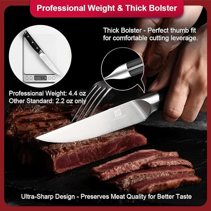 4.5 Inch Steak Knives Set of 6, Micro-Cutting Point Serrated Edge, Very Sharp Steak Knife, Dishwasher Safe, 50CR15MOV Stainless Steel, Handle Ergonomic And Full Tang Design With Gift Box