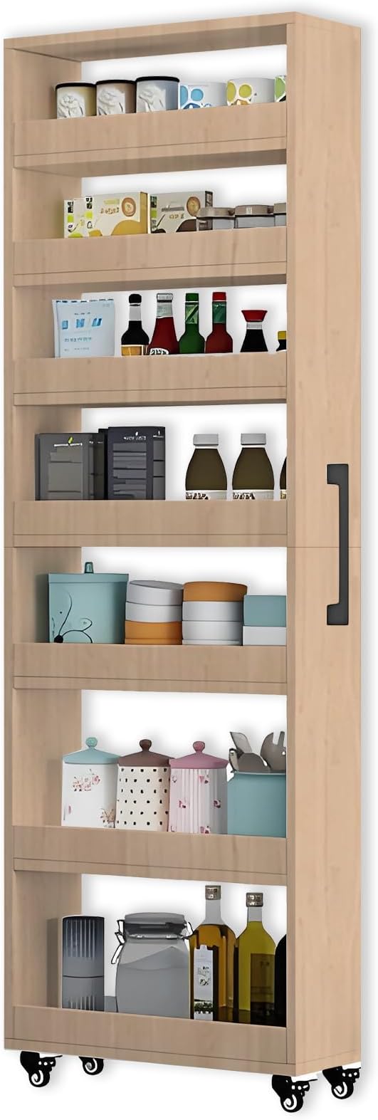 7-Tier Slim Storage Cart, Wooden Rolling Pantry Cabinet with Wheels, Narrow Shelf Organizer for Kitchen, Bakers Rack, Dining Room, Closet, Small Spaces Light Walnut 47.2" H*9.8" W*23.6" D