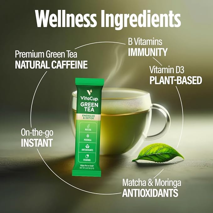VitaCup Green Tea Instant Packets, Enhance Energy & Detox with Matcha, Moringa, B Vitamins, D3, Fiber, Keto, Paleo, Vegan in Tea Powder Single Serving Sticks, 48 Ct