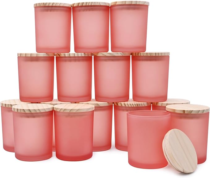 Thick Candle Jars for Making Candles 16 Pcs, 7 OZ Empty Jars with Wood Lids for Candle Making, Sample Container, Frosted Pink
