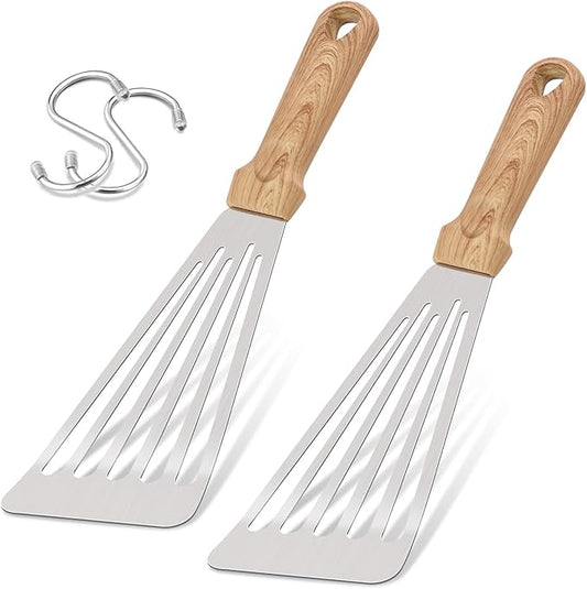 12.5In Fish Spatula, HaSteeL Stainless Steel Slotted Turner with Plastic Handle, Heavy Duty Metal Griddle Spatula for Grilling Cooking Baking Flipping Frying, Easy to Clean & Beveled Edge - 2Pcs