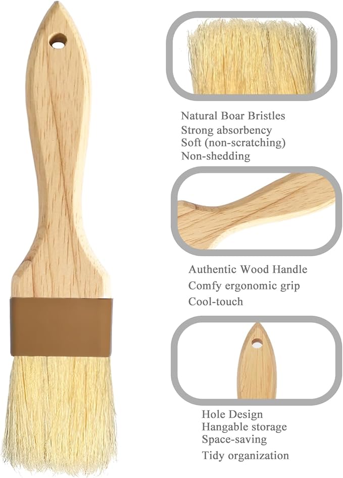 Natural Bristle Basting & Pastry Brush Set - 1.5"& 1" Food Grade Cooking Brushes, Not Shedding, for Turkey Basting, Butter, Egg Wash, Baking (4 Pc)