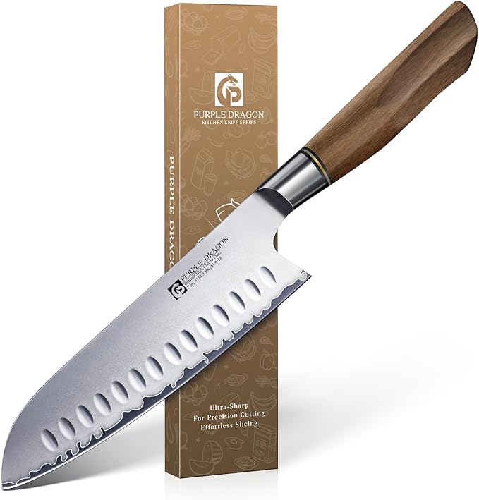 Purple Dragon Santoku Knife 7 Inch Japanese Chef Knife for Chopping Meat Cutting Vegetables, German Vg10 Steel Blade, Ergonomic Wooden Handle, Gift Box