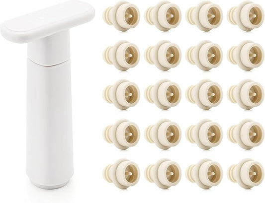 WOTOR Wine Saver Vacuum Pump with 20 Stoppers, Wine Stopper & Preserver, Reusable Bottle Sealer Keeps Fresh, Ideal Accessories Gift, Flat Handle (White)