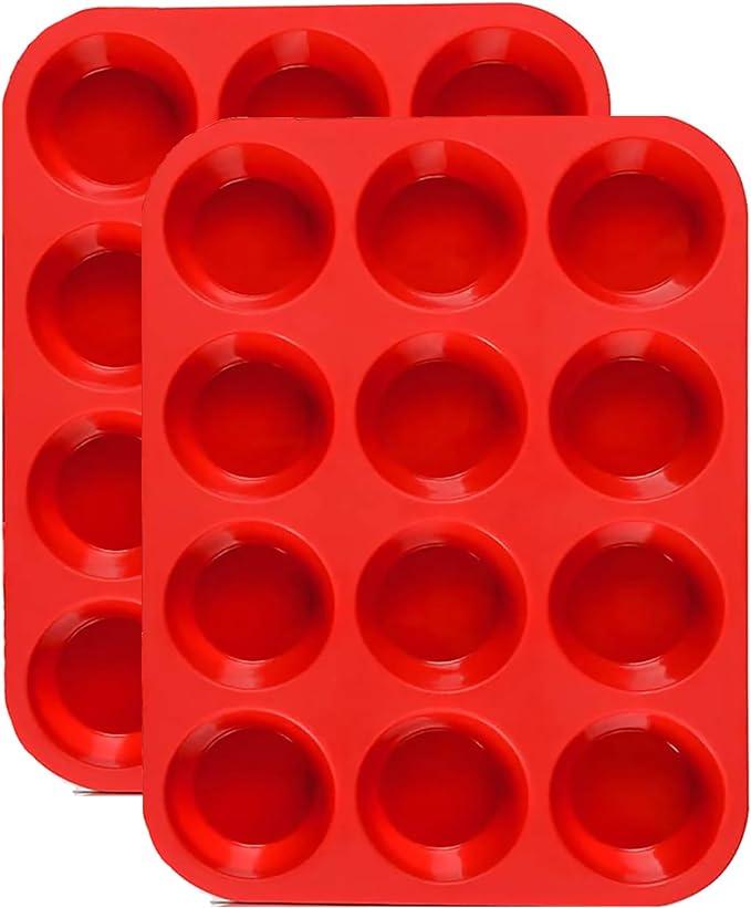 JEWOSTER 12 Cups Silicone Muffin Pan 2 Pack - Cupcake Pan Nonstick Silicone Molds Great for Making Muffin Cakes,Bread, Tart - BPA Free Baking Accessory