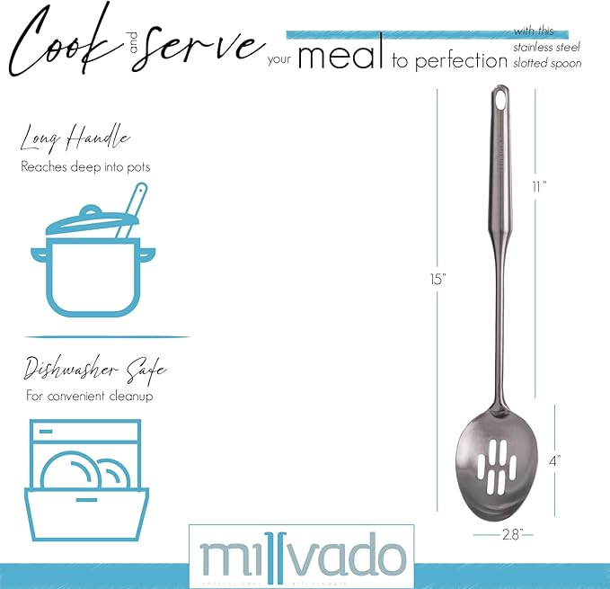 Stainless Steel Slotted Cooking Spoon, Large Metal Chef Strainer Utensil For Cooking, Serving, And Mixing, The #1 Dishwasher Safe Kitchen Tool, 15" Long Spoon With Holes