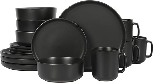 Gibson Home Zuma Stoneware Plates, Bowls, & Mugs Dinnerware Set - Matte Black, Service for Four (16pcs)