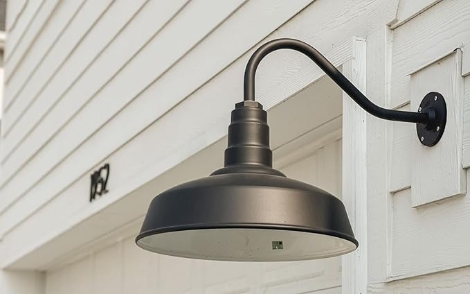 Steel Lighting Co. Gardena Barn Light | Outdoor Wall Mounted | 16" Dome | 23" Gooseneck | Farmhouse Light Made in America | Matte Black Exterior/Matte Black Interior