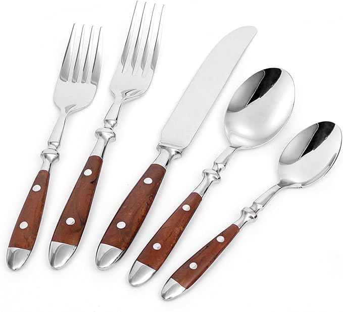 5-Piece Silverware Set, Stainless Steel Flatware Set, Service for 1, Vintage Cutlery Set with Wooden Color Bakelite Handle, Dishwasher Safe