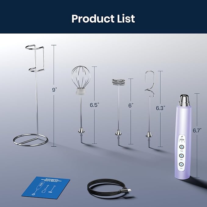 Milk Frother with Stand Rechargeable- Handheld Coffee Frother with 3 Stainless Whisks 3 Speed Adjustable, Electric Whisk Drink Mixer, Foam Maker Blender for Matcha Latte Cappuccino Chocolate