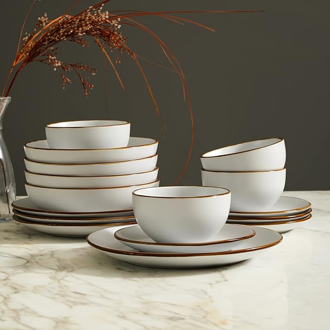 Stone Lain Brasa Modern Stoneware 16 Piece Dinnerware Sets, Plates and bowls Sets, Dish Set for 4, White