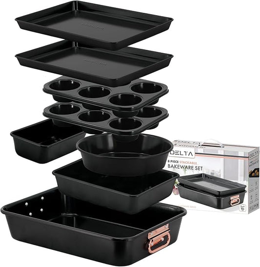Nonstick Ceramic Bakeware Set – 8 Piece Baking Pans Set, Oven Safe to 450°F, Includes Muffin Pans, Cookie Sheets, Loaf, Roaster, Round & Square Pans, BPA-Free