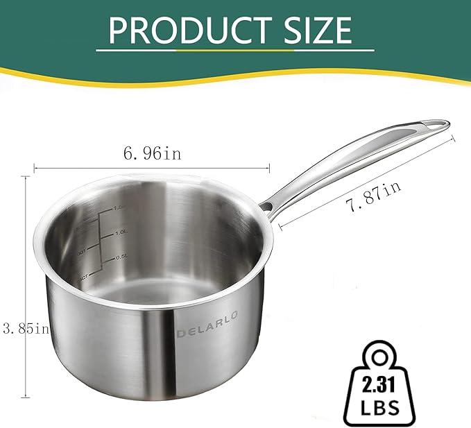 DELARLO Stainless Steel Small Brushed Saucepan With Lid, Induction Cooking Sauce Pot Pans, 18/8 Tri-Ply Heavy Bottom Saucier Cookware, Dishwasher Safe & Oven Safe(2 Quart)