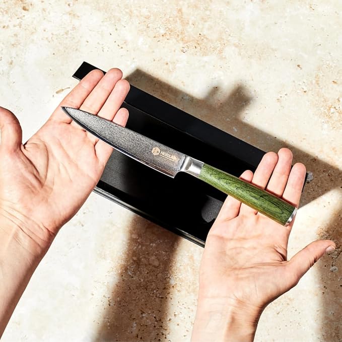 HexClad Utility Knife, 5-Inch Japanese Damascus Stainless Steel Blade, Pakkawood Handle