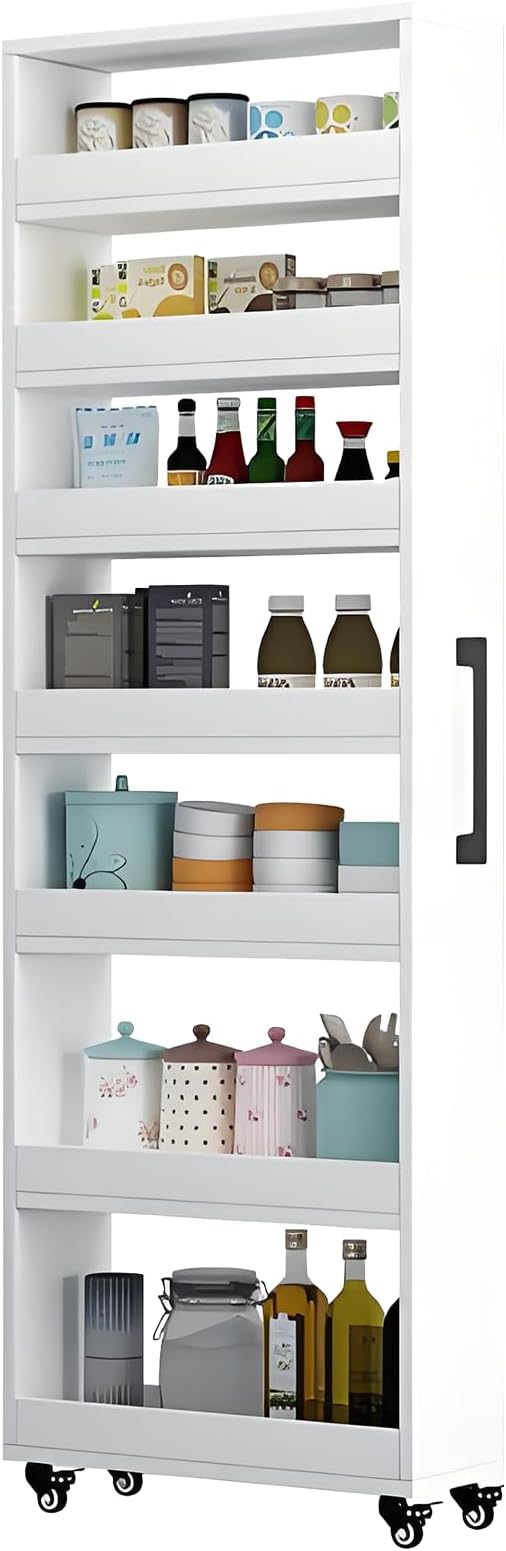 7-Tier Slim Storage Cart, Wooden Rolling Pantry Cabinet with Wheels, Narrow Shelf Organizer for Kitchen, Bakers Rack, Dining Room, Closet, Small Spaces Warm White 47.2" H*7.8" W*23.6" D