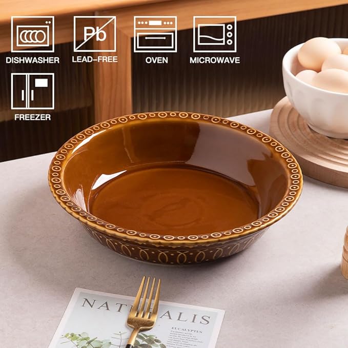 Sweejar Ceramic Pie Pan for Baking,Round Baking Dish Pan for Dinner 10 Inches, Pie Dish Non-Stick Pie Plate for Quiche, Tart, Cake, Pumpkin Pie, Pot Pies (Brown)