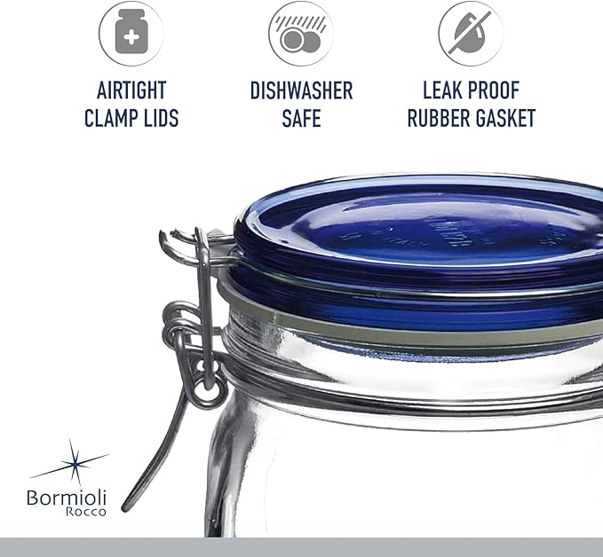 Bormioli Rocco Fido Square Jaw with Blue Lid, 33-3/4-Ounce, 33.75 Ounce, Clear