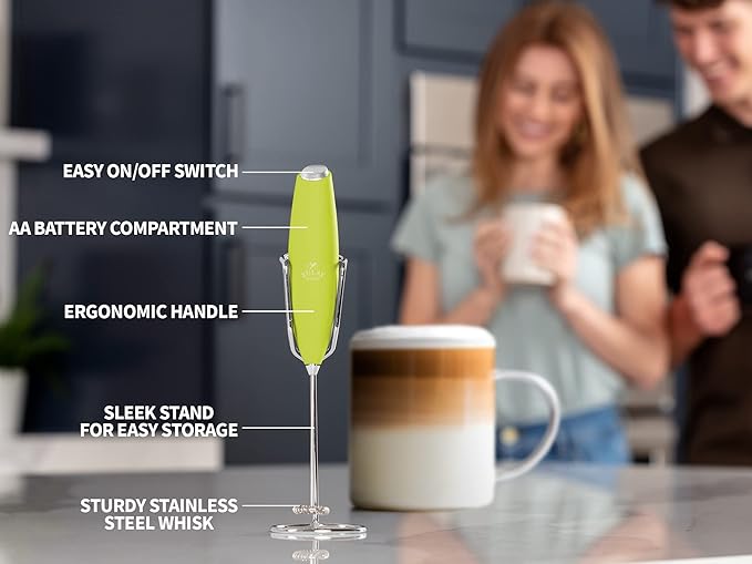 PRO MILK FROTHER WAND - ULTRA HIGH SPEED HANDHELD FROTHER - UPGRADED STAND - Powerful Handheld Mixer with Infinite Uses - Super Instant Electric Foam Maker with Stainless Steel Whisk (Lime Green)