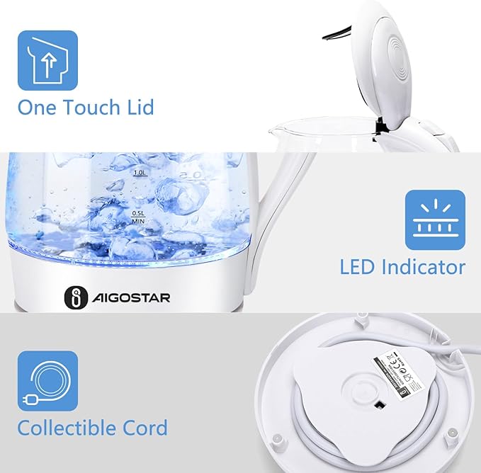 Aigostar Electric Kettle, 1500W Glass Electric Tea Kettle Rapid Heating, Borosilicate Glass, Auto Shutoff and Boil-Dry Protection, Hot Water Boiler BPA Free and Cordless with LED Indicator, 1.7 Liter