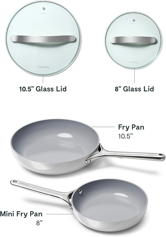 Caraway Ceramic Fry Pan Duo with Glass Lids - Non-Stick Frying Pans (10.5” & 8”) - Non Toxic, PTFE & PFOA Free - Oven Safe & Compatible with All Stovetops – Gray