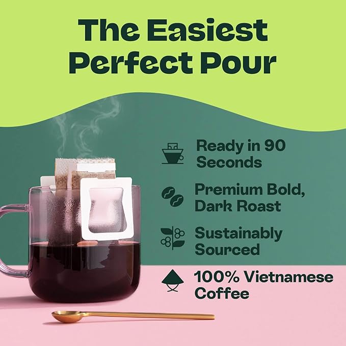 Copper Cow Coffee Premium Pour Over Single-Serve Vietnamese Coffee Pouches (8 pack) | Classic Black | Dark Roast | Convenient Vietnamese Ground Coffee Packets, Travel Friendly