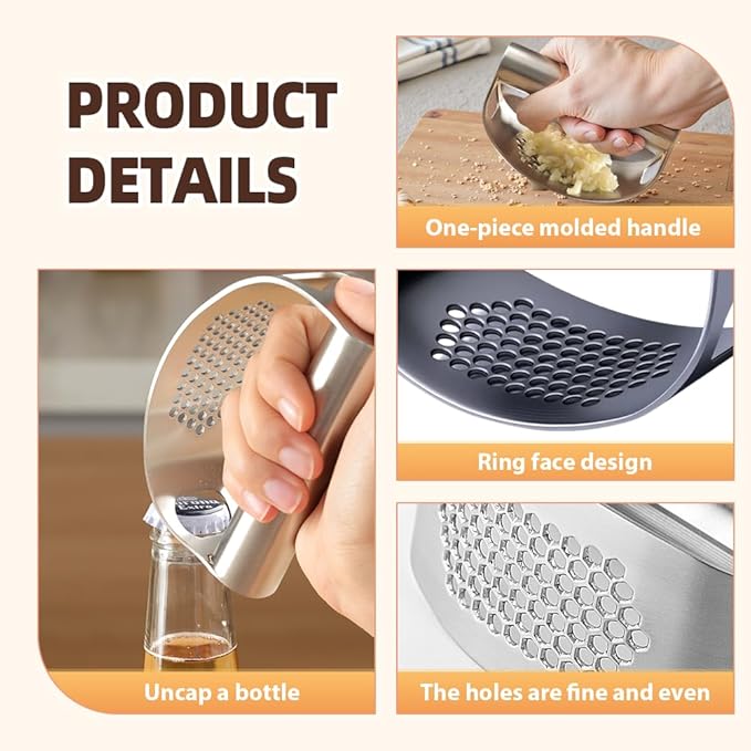 2026 New Garlic Press Rocker, Upgrade Garlic Press Stainless Steel, Portable Manual Stainless Steel Garlic Press Rocker, Innovative Garlic Crusher with Peeler and Scraper (1)