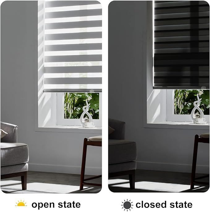 Persilux Zebra Blinds for Windows, Cordless Roller Blinds (34.5" W x 72" H, Grey) Light Filtering Sheer Window Treatments, Light Control for Day and Night, Room Darkening Roller Shades for Windows