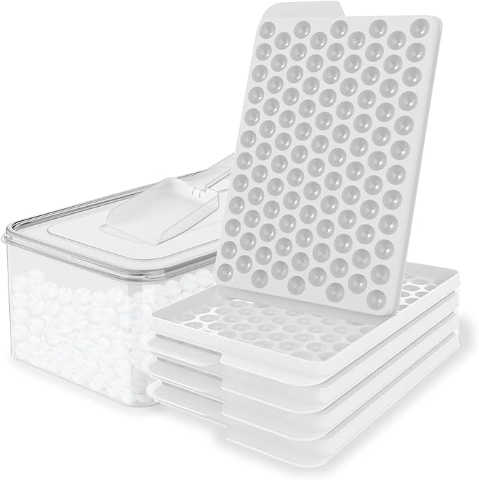 WIBIMEN Mini Ice Cube Trays, Small Tiny Round Pebble Crushed Nugget Ice Trays for Freezer with Lid - Chilling Drinks Coffee Juice(4 Pack/0.55In - White)