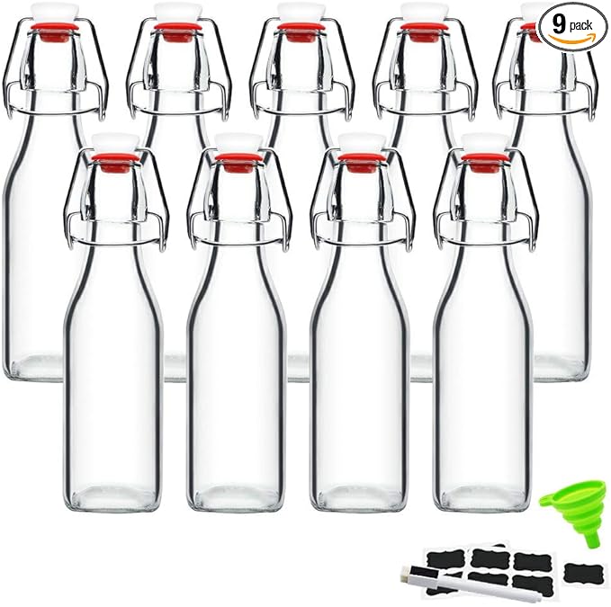 Swing Top Glass Bottles 8 oz with Airtight Lids for Home Brewing, Kombucha, Kefir, Vanilla Extract, Beer, Oil, Vinegar, Homemade Juices, Water,Soda Set of 9
