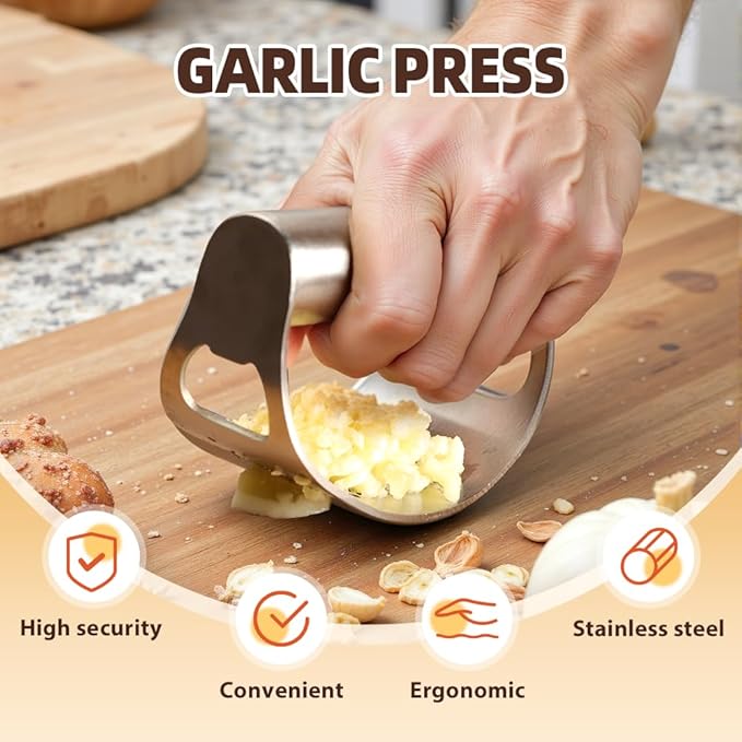 2025 New Stainless Steel Garlic Presser, Portable Manual Stainless Steel Garlic Press for Home Kitchen Utensils, Upgrade Rocker Crusher Masher with Garlic Peeling (2)