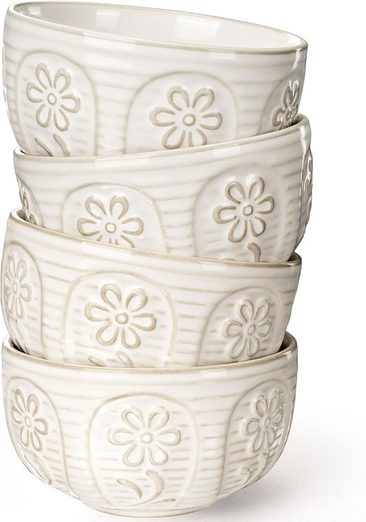 Artena Small Bowls Set of 4, 12 oz Ceramic Embossment Dessert Bowls, white Bowl for Kitchen, Ice Cream, Side Dishes, Rice, Cereal, Fruit, 4.5 Inch, Microwave & Dishwasher Safe, Pinwheel Flower